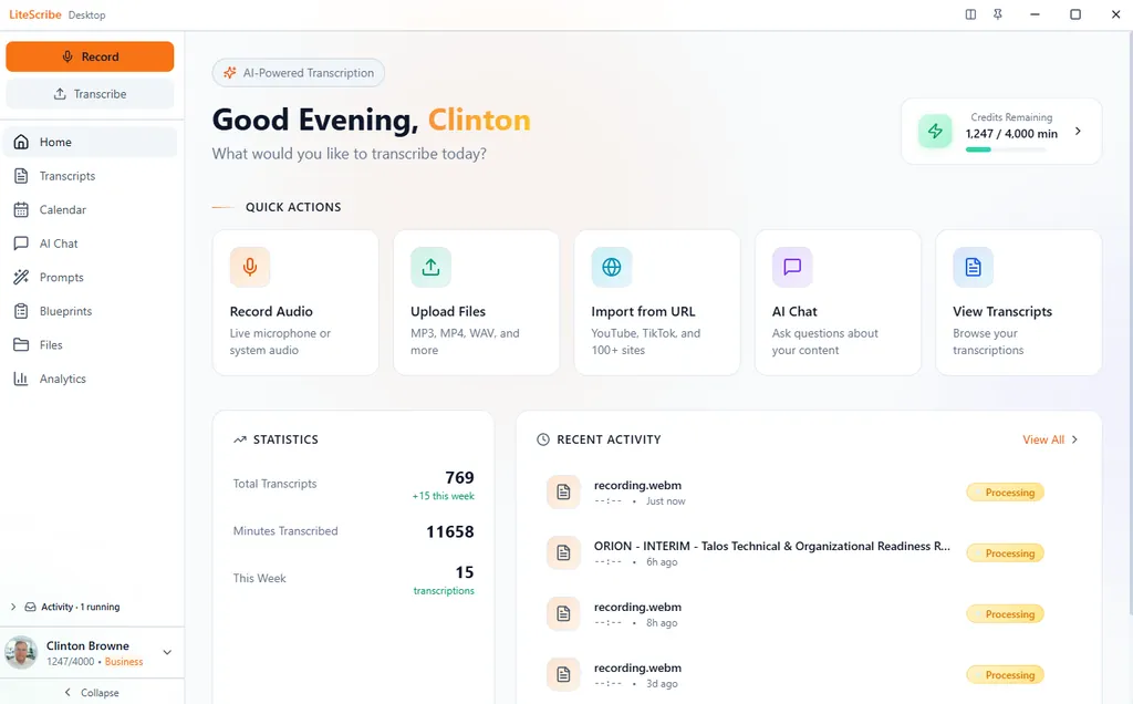 LiteScribe desktop app home dashboard in light theme - quick actions, statistics, and recent activity
