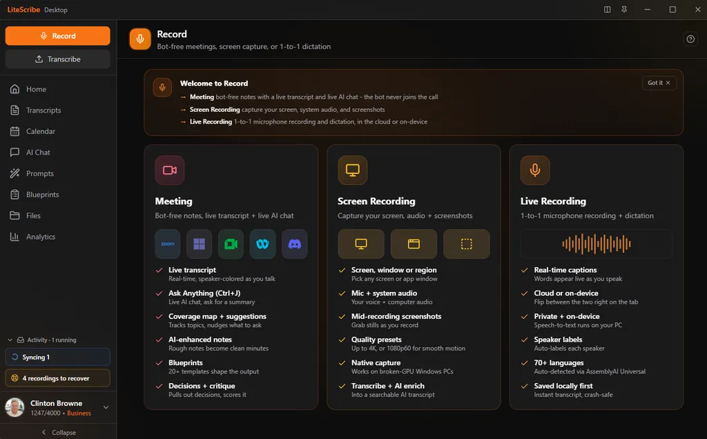 LiteScribe desktop Record screen, dark theme