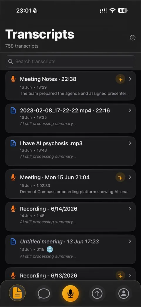 LiteScribe mobile transcripts, dark theme