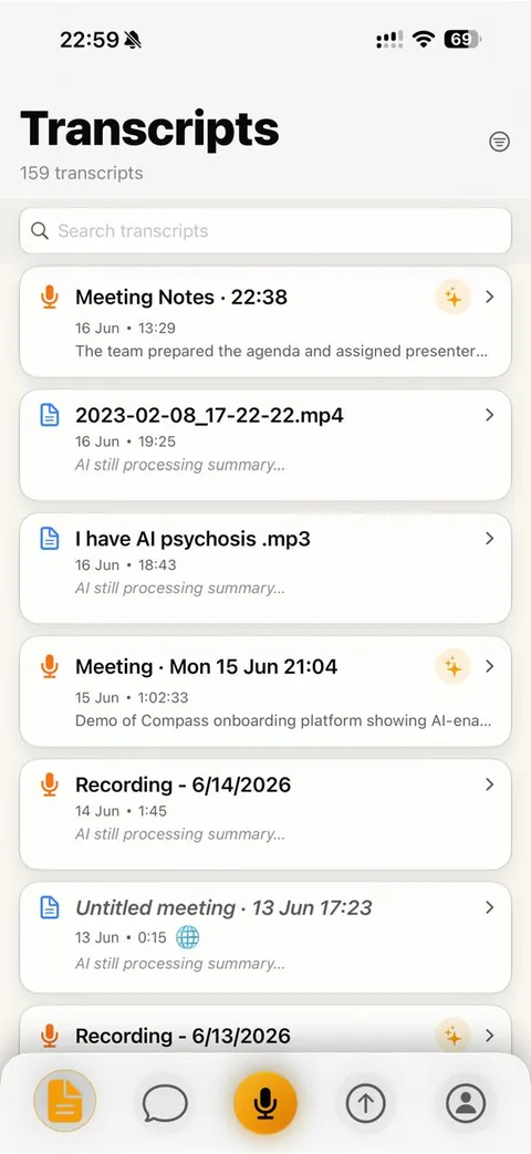 LiteScribe mobile transcripts, light theme